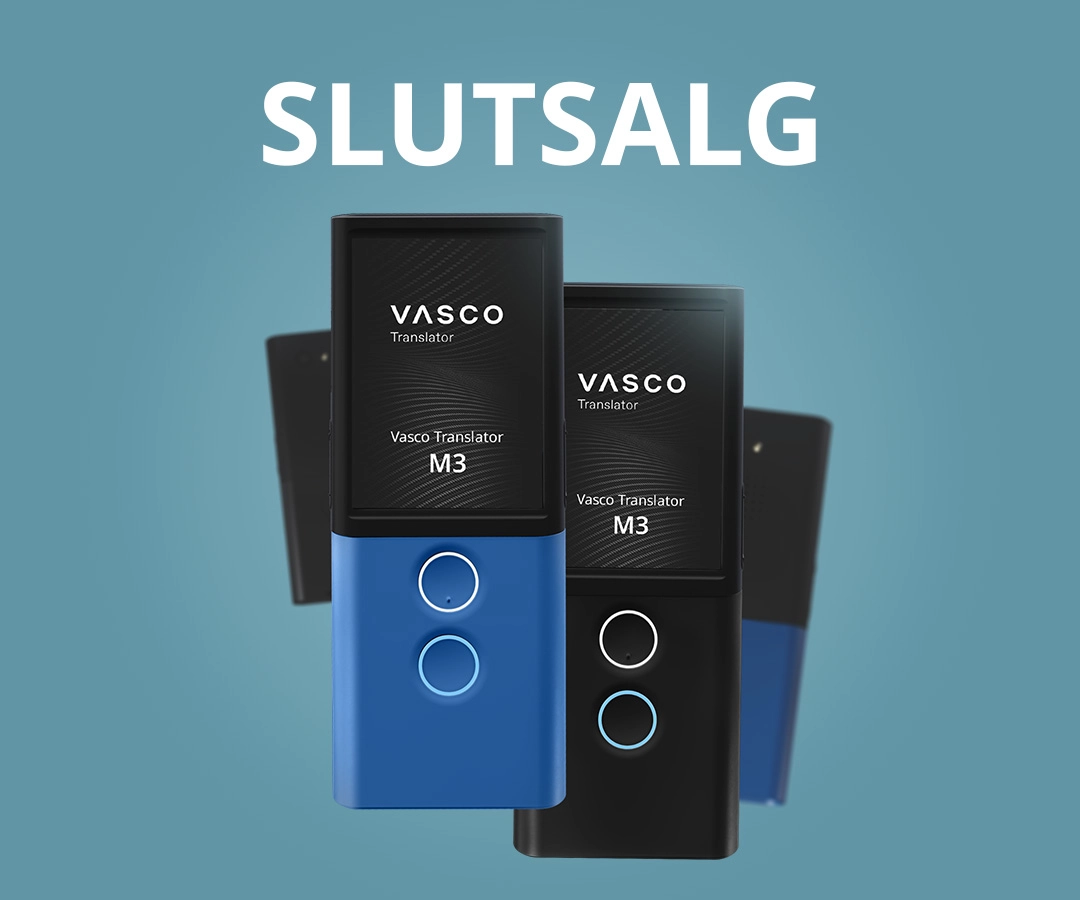 Reklamebillede af Vasco Translator M3-enheder i blåt og sort på en blå baggrund med ordene 